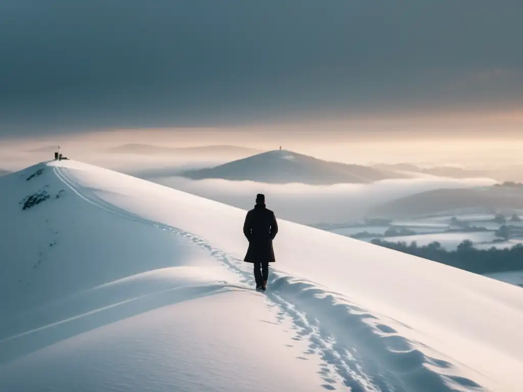 Figura solitaria en colina nevada, mirando hacia paisaje brumoso