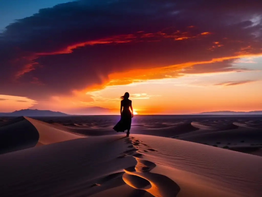 Figura solitaria en desierto desolado, desafiando el atardecer