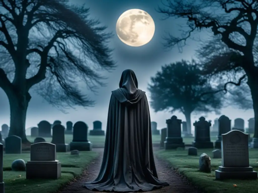 Una figura solitaria envuelta en un manto oscuro en un cementerio iluminado por la luna