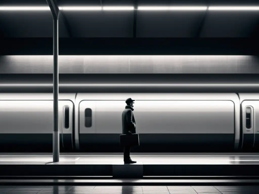 Figura solitaria en una estación de tren, evocando la soledad y contemplación de 'Transbordo en Moscú'