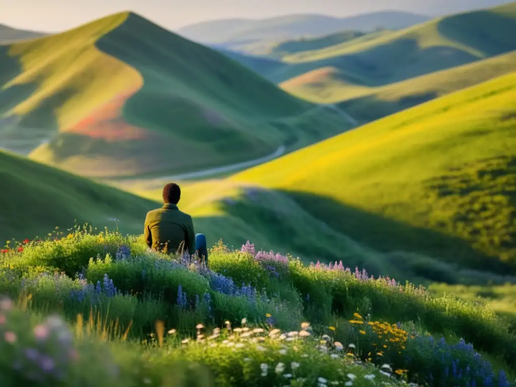 Una figura solitaria contempla la exuberante naturaleza, simbolizando la conexión atemporal entre la presencia geórgica, Virgilio y la narrativa ecológica