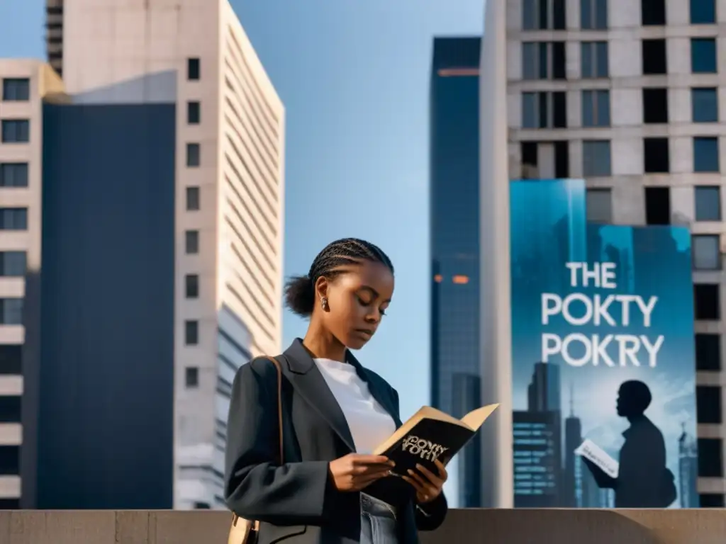 Resiliencia poética en la ciudad sombría Figura solitaria sosteniendo un libro de poesía en un paisaje urbano desolado, destacando la poesía comprometida siglo XX