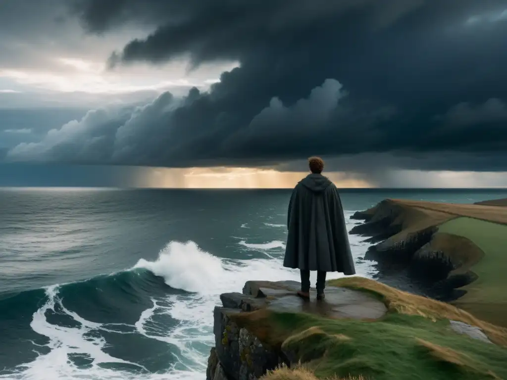 Figura solitaria contempla el mar desde el acantilado, envuelta en introspección y aislamiento