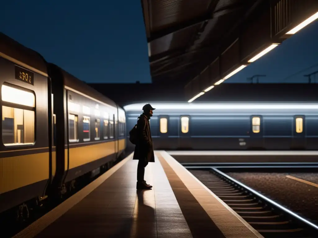 Una figura solitaria espera en un oscuro andén de estación de tren, construyendo suspenso en literatura