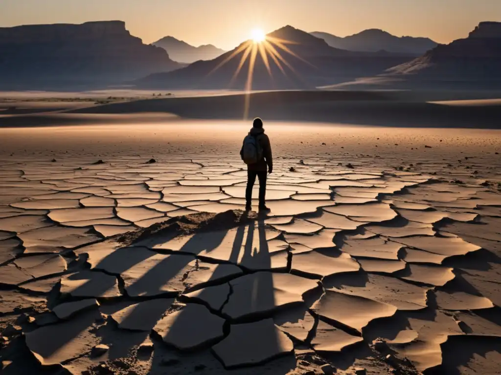 Una figura solitaria en un paisaje árido al atardecer, emanando determinación y resistencia