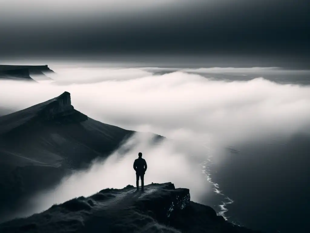 Una figura solitaria contempla un paisaje misterioso y etéreo en el borde de un acantilado neblinoso