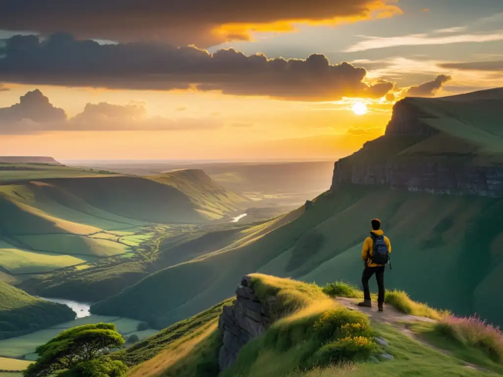 Una figura solitaria contempla un paisaje vasto desde un acantilado al atardecer, creando momentos cumbre impactantes