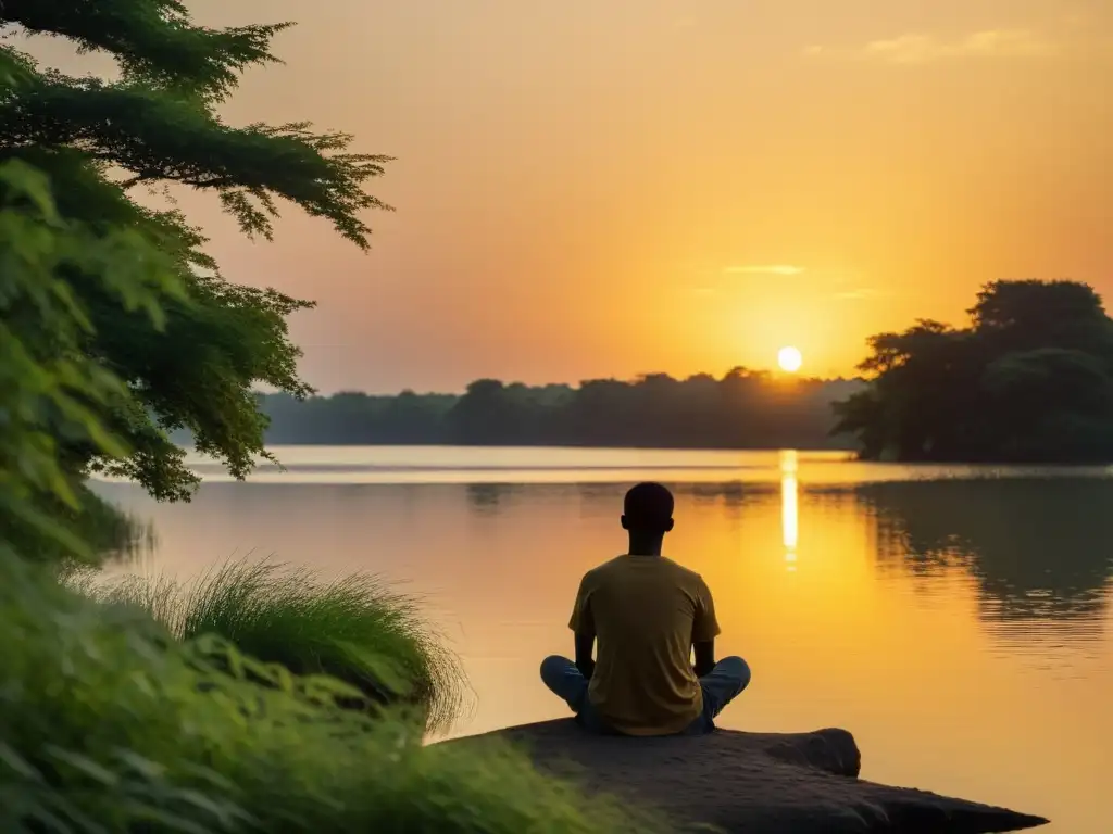 'Una figura solitaria contempla la tranquilidad de un lago al atardecer, evocando felicidad y ética en Aristóteles