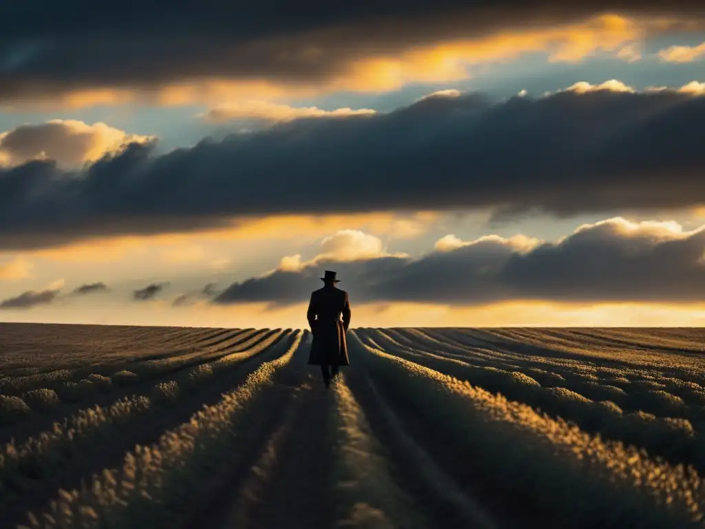 Una figura solitaria contempla el vasto campo al atardecer, en un paisaje melancólico que evoca el 'pesimismo luminoso' de Madame Bovary