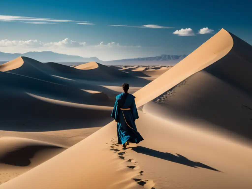 Una figura solitaria en un vasto desierto, vistiendo túnicas oscuras, mira con determinación hacia el horizonte