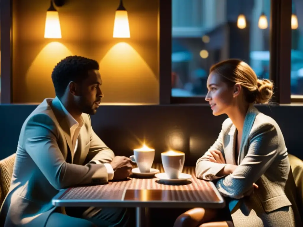 Dos figuras conversando en un café tenue, con la cálida luz proyectando sombras suaves