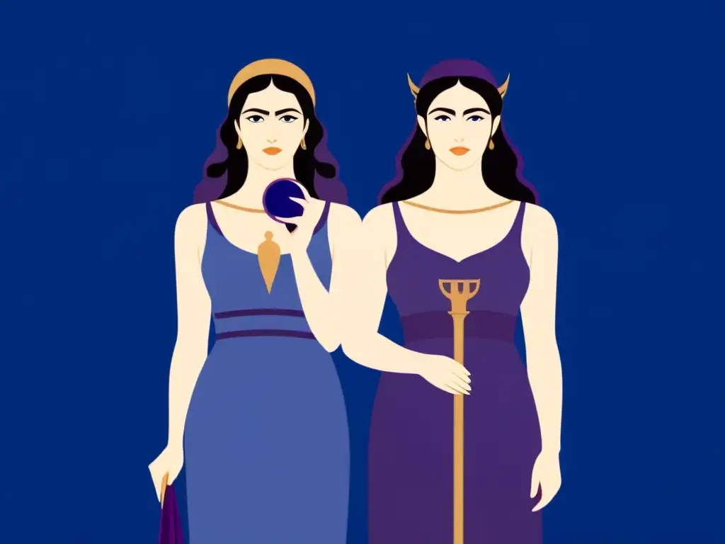 Dos figuras hechiceras de la literatura antigua, Circe y Medea, en una ilustración detallada y minimalista, con un toque de mística clásica griega