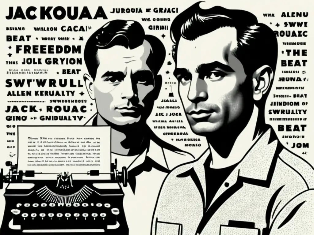 Dos figuras representativas de la literatura beat, Kerouac y Ginsberg, frente a una máquina de escribir, rodeados de palabras, símbolos y libertad