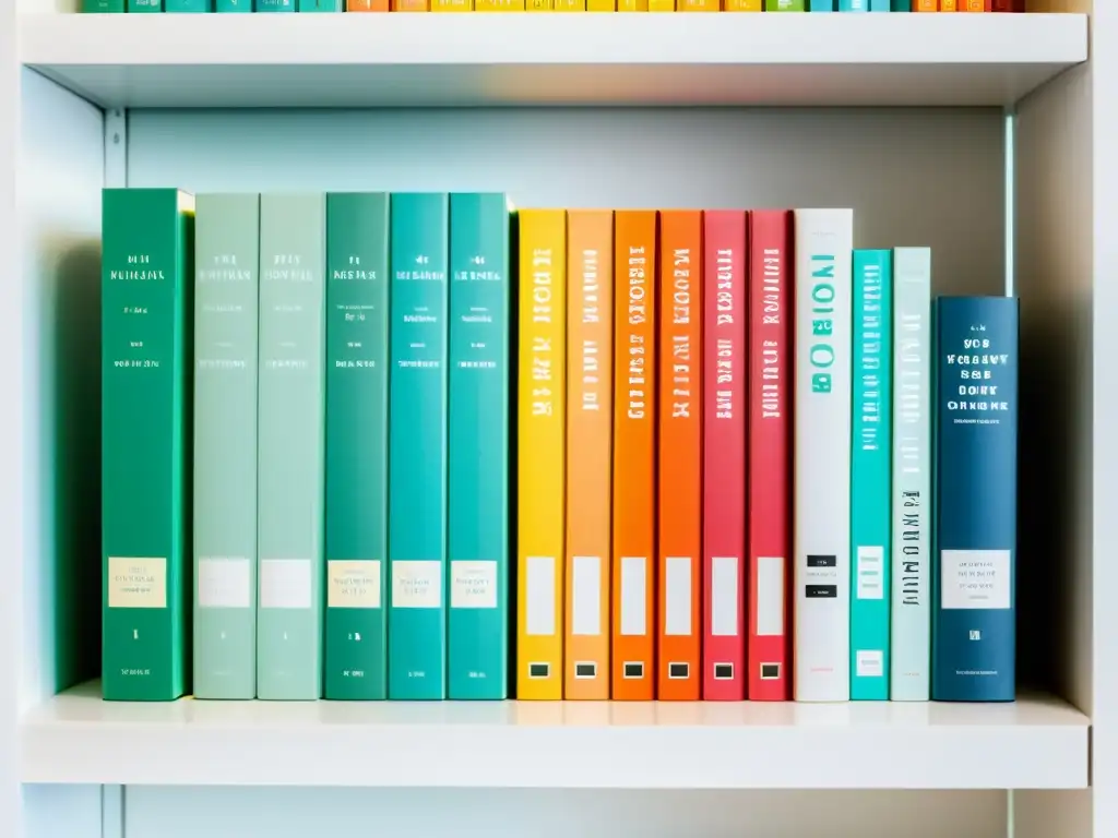 Una fila de libros de colores brillantes en estantería blanca, bañados por luz natural