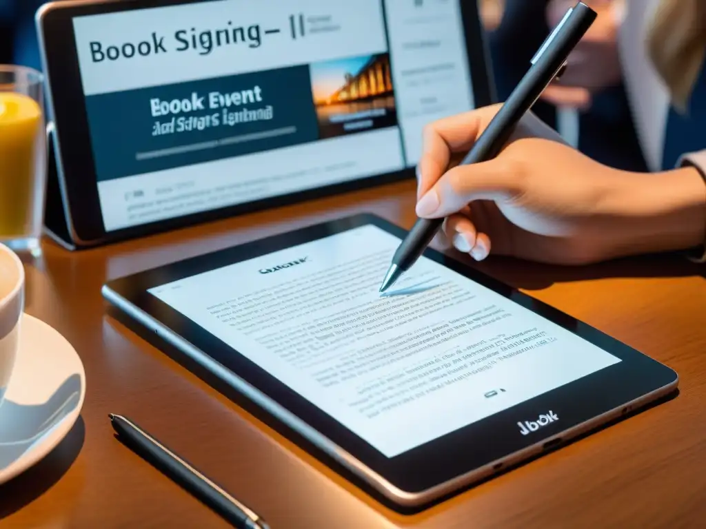 Firma de ebooks en eventos virtuales: Moderna tablet muestra firma digital en evento virtual con autor y lectores