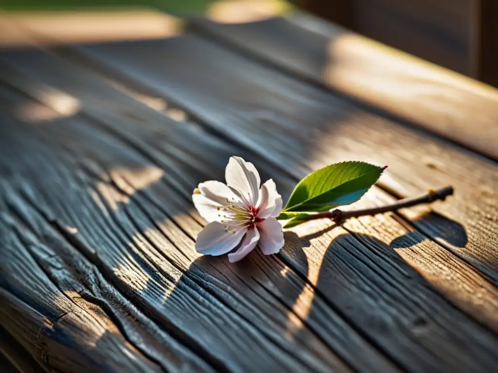 Una flor de cerezo reposa delicadamente en una superficie de madera envejecida, iluminada por luz natural