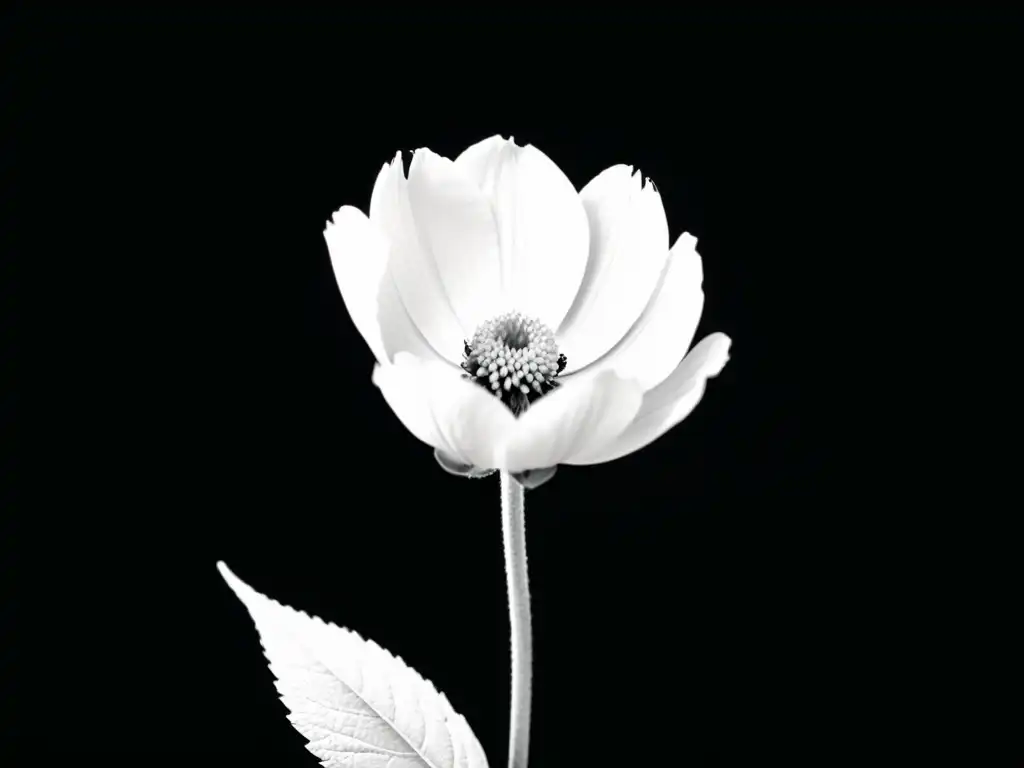 Una flor delicada en blanco y negro destaca las características del movimiento poético 'Poesía Pura' con sus detalles intrincados y texturas sutiles