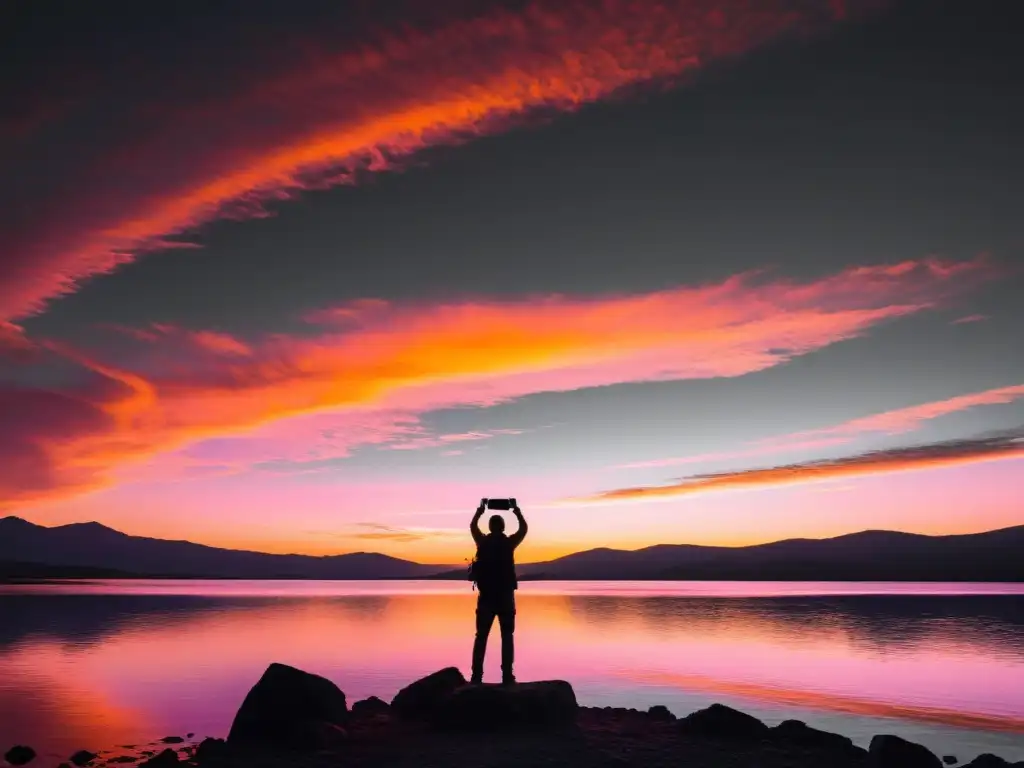 Un fotógrafo captura un impresionante atardecer sobre un lago, con la silueta de la cámara y sus brazos creando un contraste visual