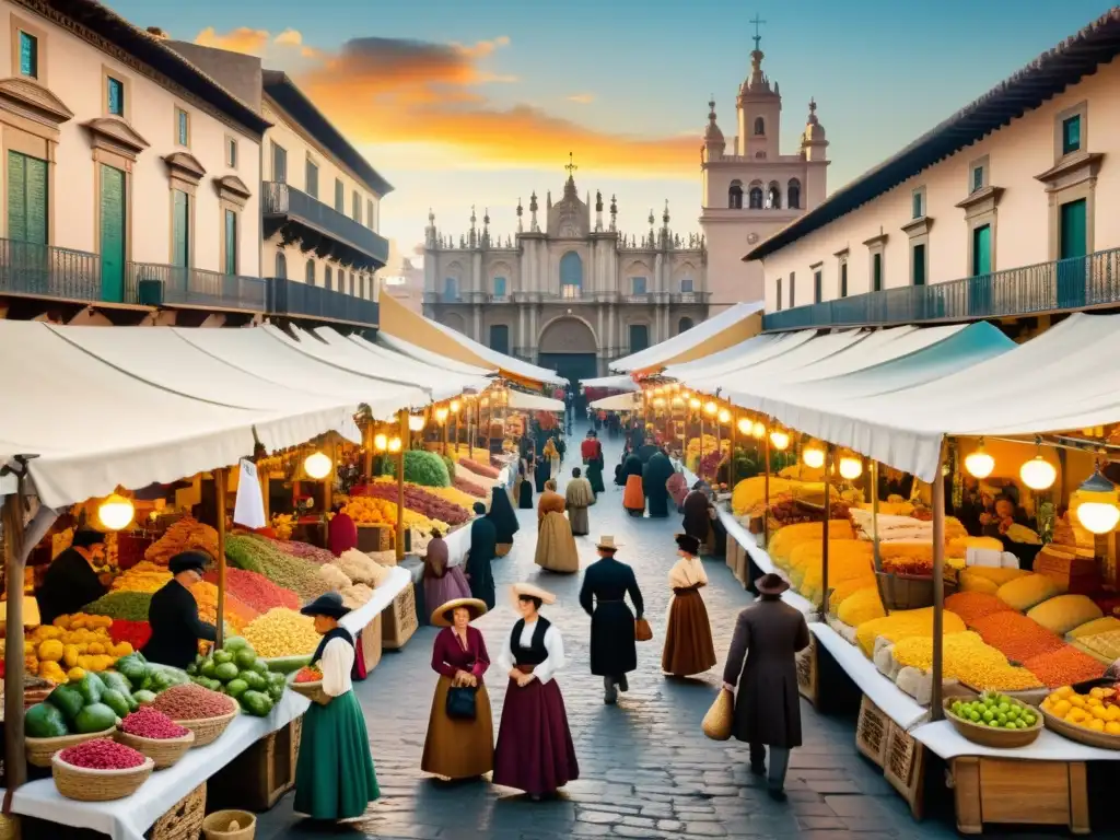 Fresco de la sociedad española del siglo XIX en un bullicioso mercado, con arquitectura detallada y colores vibrantes