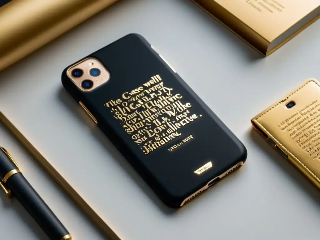 Una funda de móvil con cita literaria en elegante lettering dorado sobre un estuche negro mate, resaltando detalles y sofisticación literaria