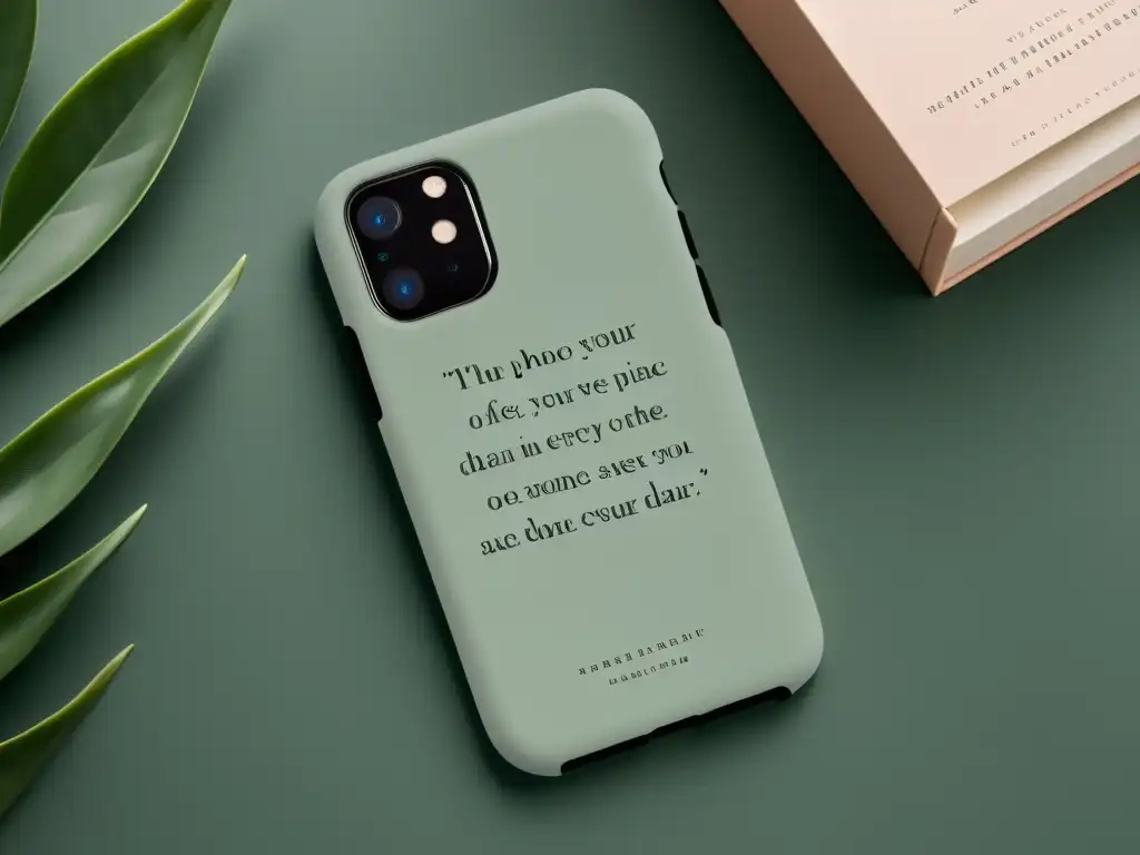 Una funda de móvil con cita literaria, elegante tipografía y paleta de colores sofisticada, añadiendo encanto literario al accesorio moderno