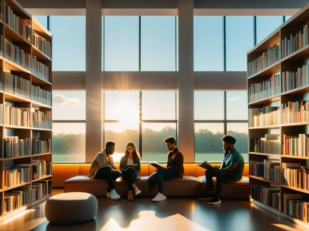Diversas generaciones disfrutan la lectura en una moderna biblioteca, reflejando las tendencias de lectura de Millennials y Gen Z
