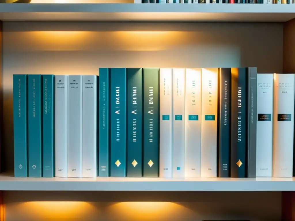 Distribución global para autores independientes: Libros blancos en estantería moderna, bañados por luz cálida