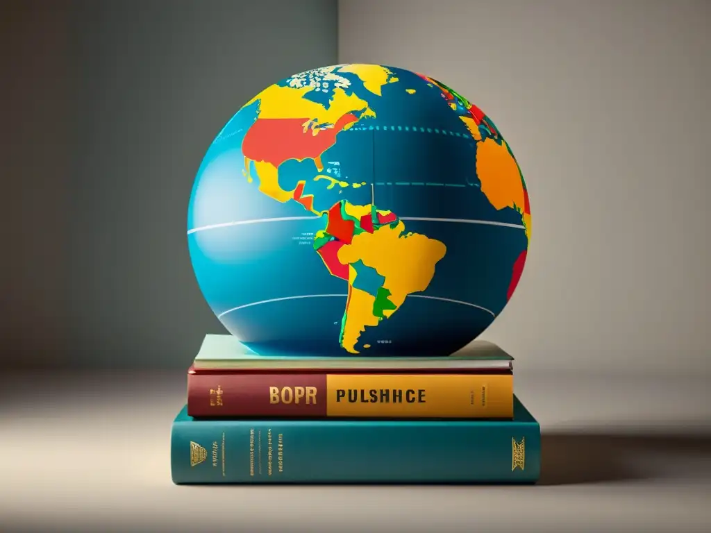 Un globo terráqueo con libros apilados, representando la influencia global y la toma de decisiones en el mercado editorial