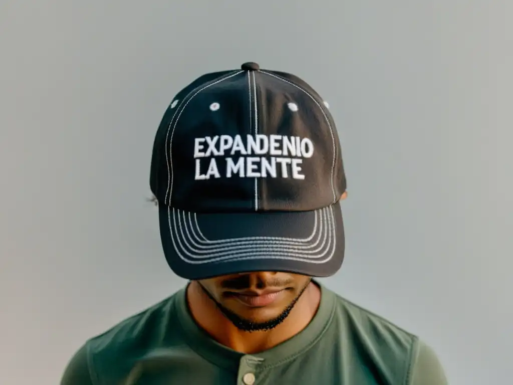 Una gorra negra minimalista con la frase 'Expandiendo la mente' bordada en blanco, sobre un fondo blanco