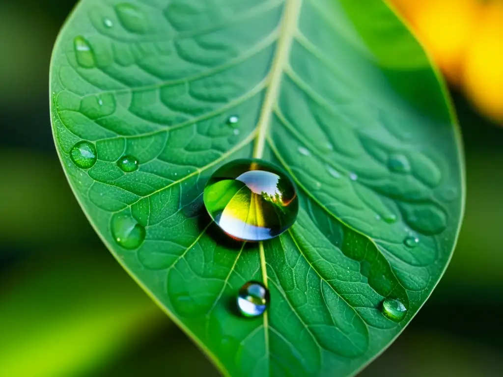 Una gota de agua en una hoja verde, con patrones cristalinos y colores hipnotizantes