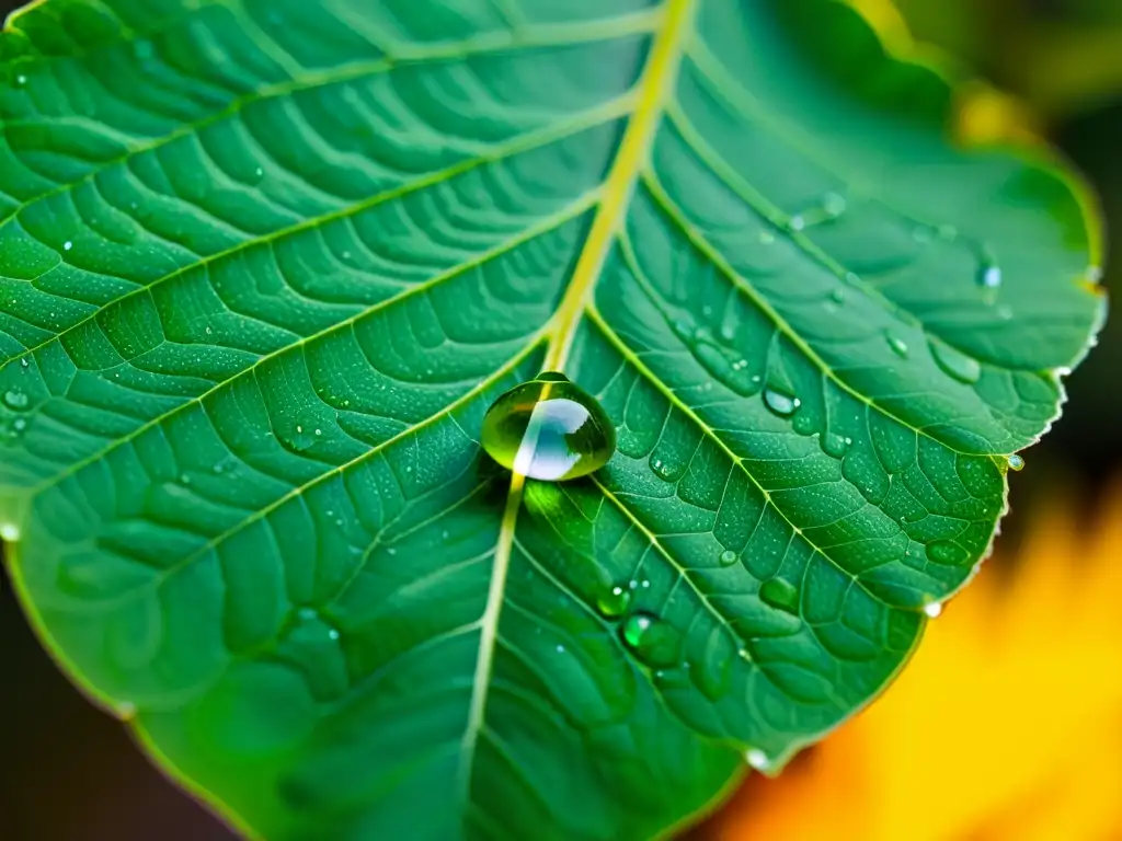 Una gota de rocío en una hoja verde vibrante, reflejando el entorno con detalles asombrosos