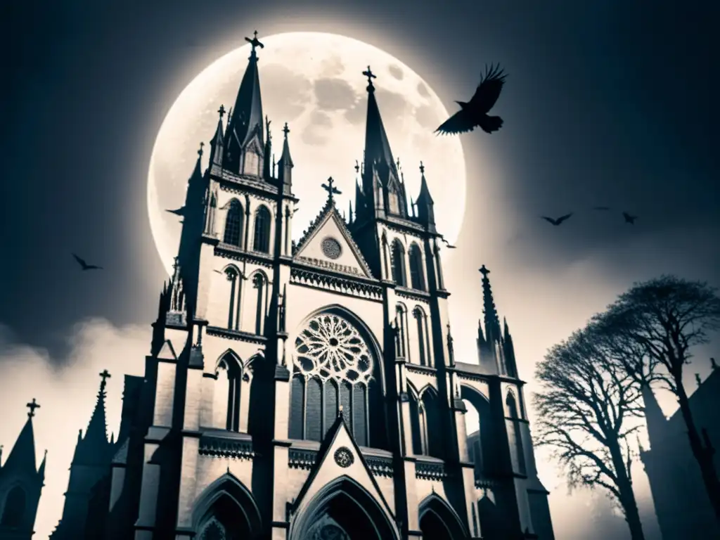 Ilustración gótica en blanco y negro de una catedral envuelta en neblina, con cuervos en las agujas y luz de luna creando sombras largas