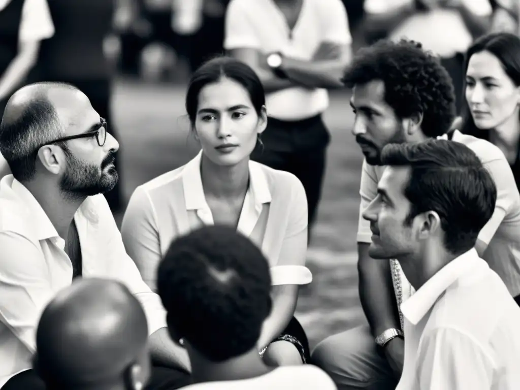 Grupo de asistentes al Festival de Escritores San Miguel disfrutando de animadas conversaciones en un círculo íntimo en blanco y negro