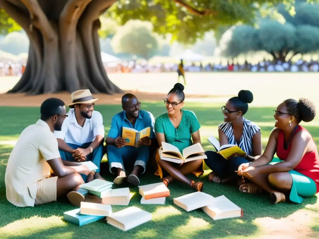 Grupo de autores africanos conversando bajo un árbol en el vibrante Festival de Literatura de Aké, compartiendo sus perlas literarias