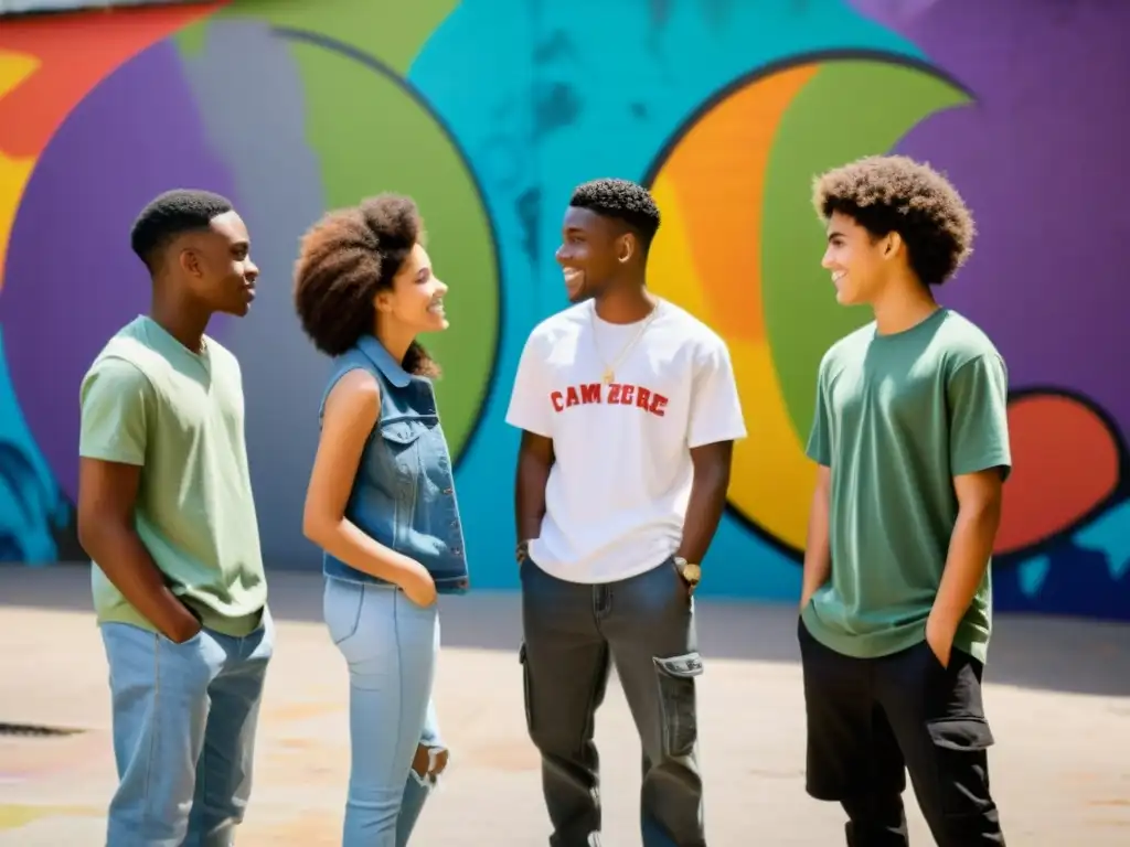 Un grupo diverso de adolescentes se reúne en un círculo en un entorno urbano con graffitis y arte callejero colorido de fondo