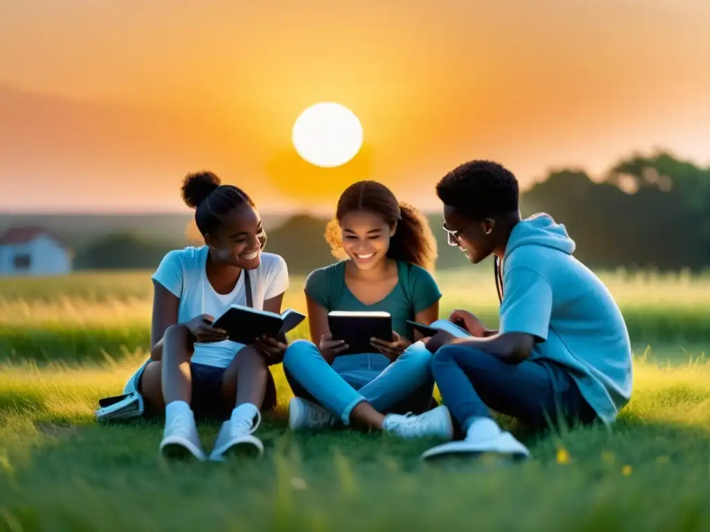 Un grupo diverso de adolescentes lee animadamente ebooks juveniles recomendados 2021 en un campo al atardecer