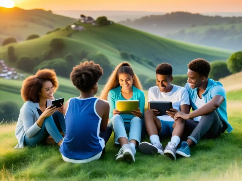 Un grupo diverso de adolescentes lee apasionadamente ebooks juveniles recomendados 2021 en una colina al atardecer, rodeados de naturaleza