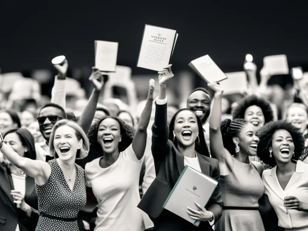 Grupo diverso celebra con alegría y orgullo en una premiación literaria, destacando el éxito y reconocimiento