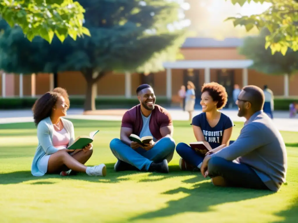 Grupo diverso disfruta animada charla en el parque, rodeados de libros y árboles