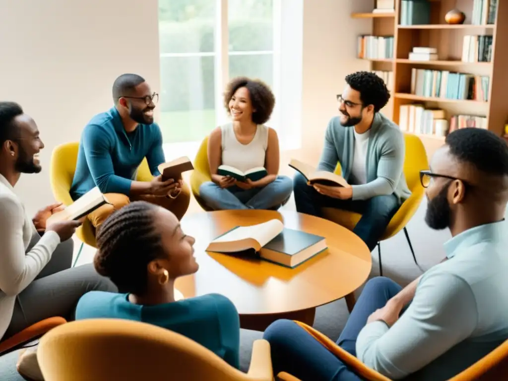 Grupo diverso disfrutando una animada discusión en un club de lectura