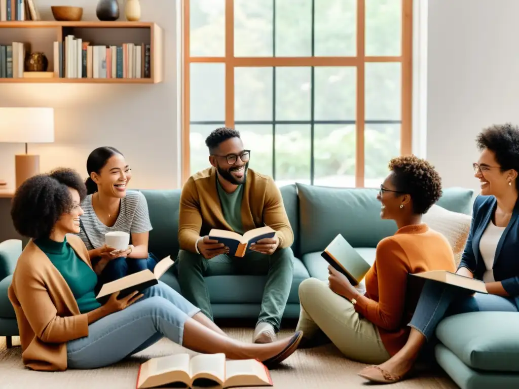 Grupo diverso en animado club de lectura, fomentando la identidad de género en comunicación literaria en un espacio acogedor y moderno