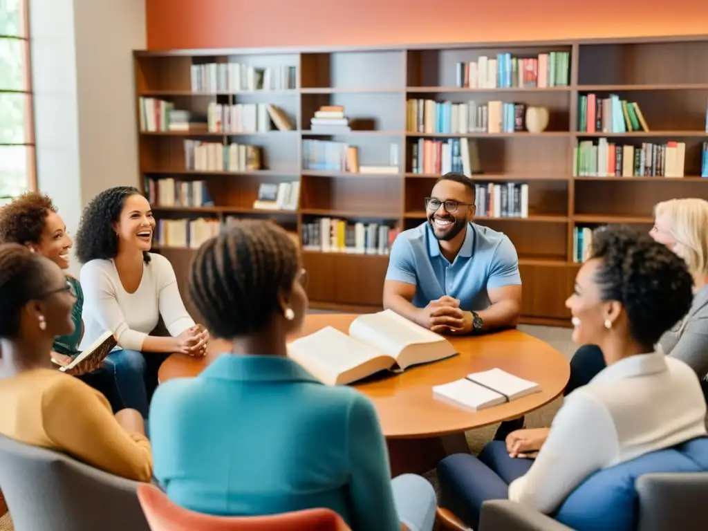 Grupo diverso disfrutando de un animado club de lectura, con una atmósfera cálida y acogedora