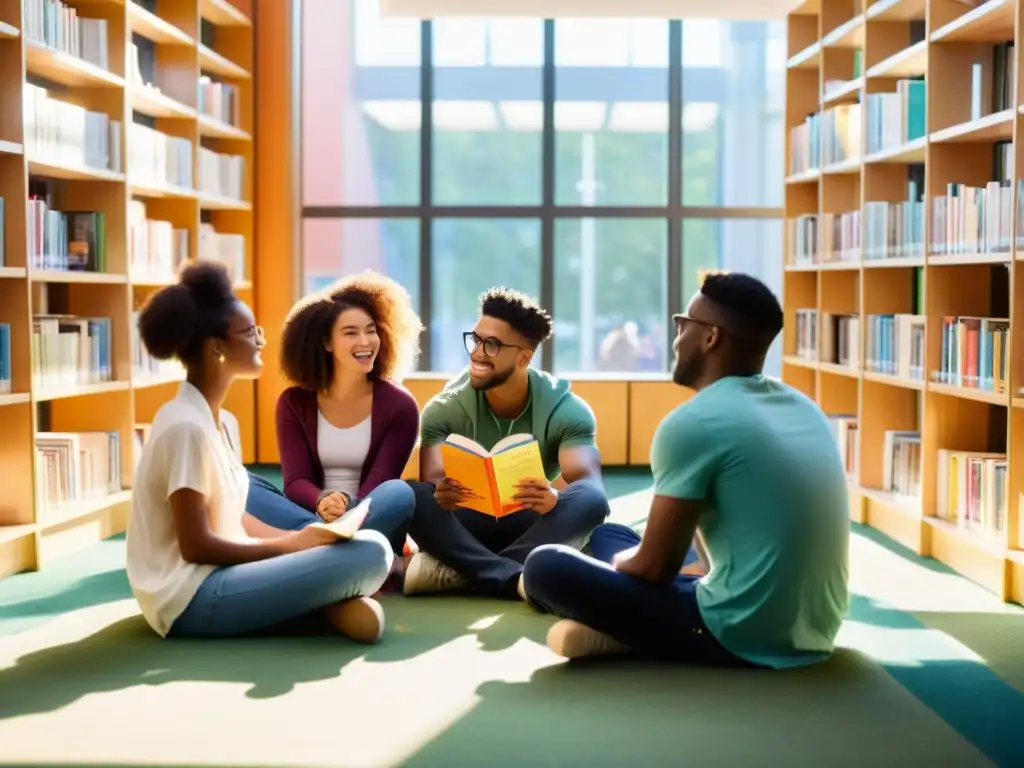 Un grupo diverso de jóvenes conecta con audiencias jóvenes a través de la literatura en una animada discusión en la biblioteca