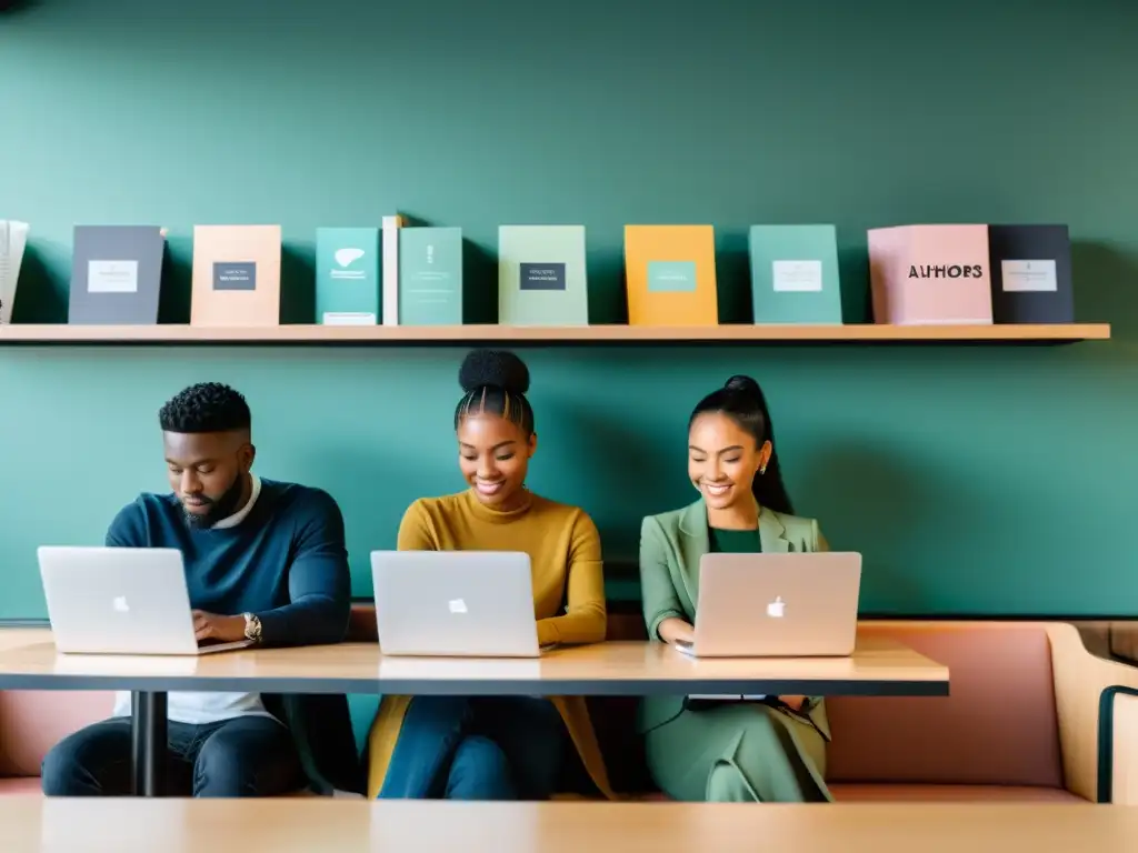 Un grupo diverso de autores trabajando en laptops en una cafetería moderna, representando la autopublicación alternativa