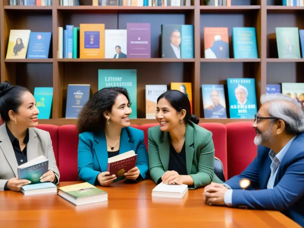 Grupo diverso de autores chilenos en animada discusión en evento literario, reflejando la renovación literaria en la narrativa chilena