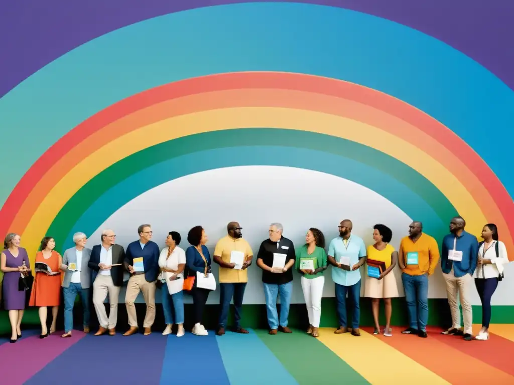 Grupo diverso de autores y lectores en la Rainbow Book Fair, destacando la importancia de la diversidad y la inclusión en la comunidad literaria