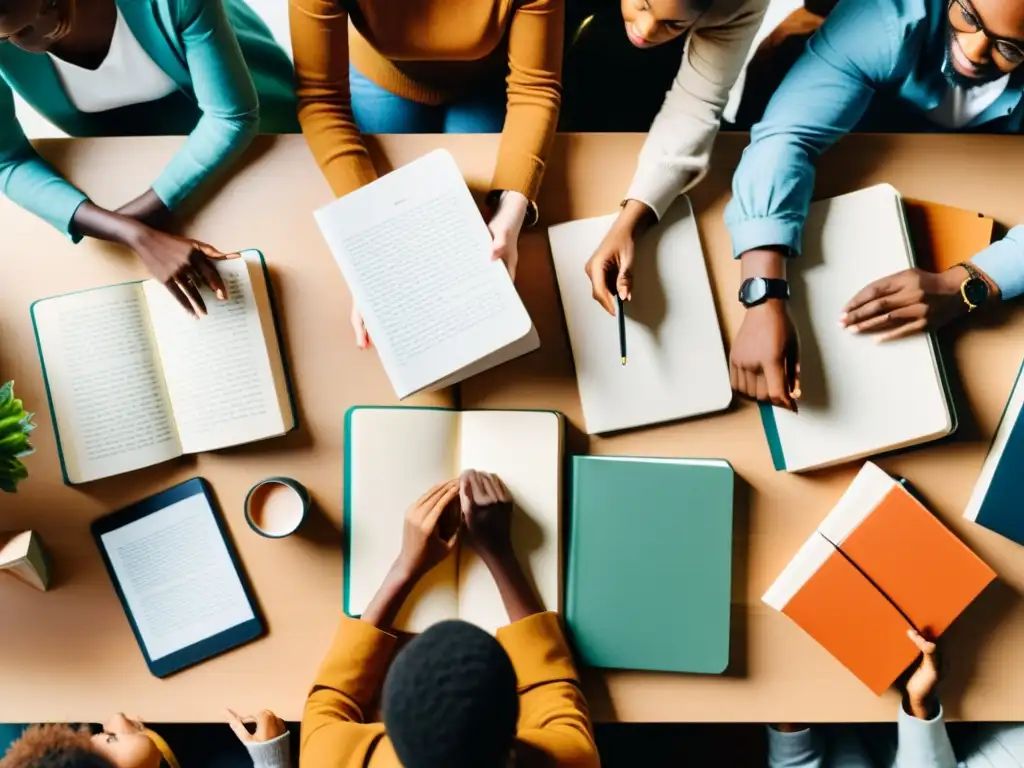 Un grupo diverso de autores se reúne alrededor de una mesa, discutiendo animadamente sobre sus proyectos literarios