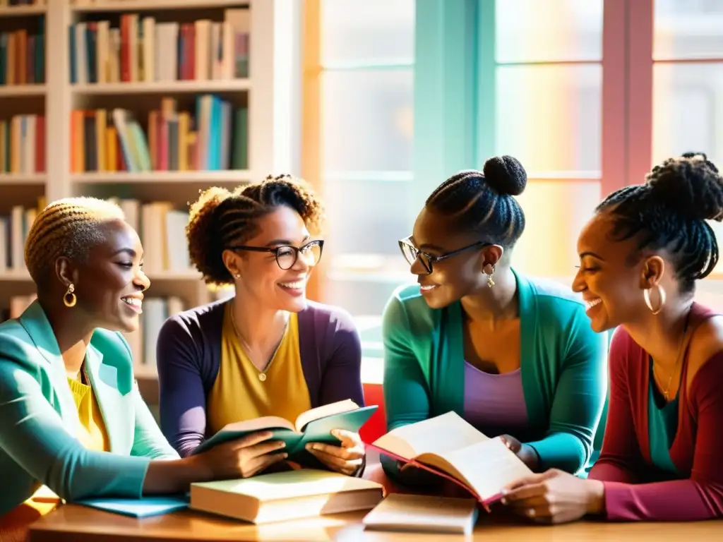 Un grupo diverso de autores LGBTQ+ se reúne en una mesa, rodeados de libros coloridos, compartiendo pasión por la literatura LGBTQ+ actualidad