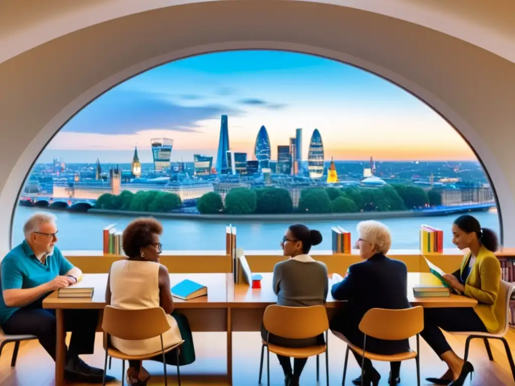 Un grupo diverso de autores del mundo lee en una larga mesa, con la vista de Londres de fondo