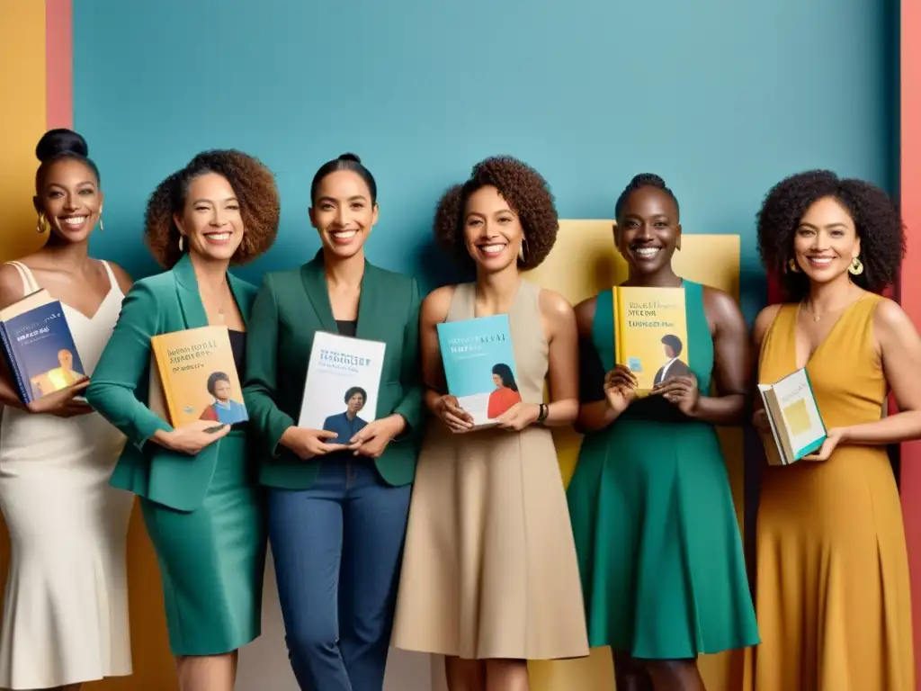 Un grupo diverso de autores de diferentes orígenes culturales posa sonriente, sosteniendo sus libros publicados